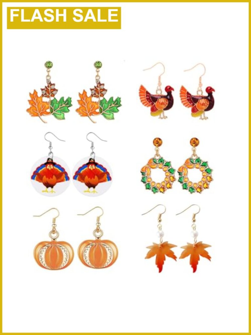 Thanksgiving Fall Earrings Set 6 Pairs Maple Leaf Turkey Pumpkin Drop Dangle